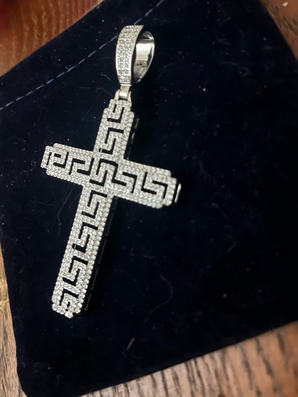 Pavé Cross Pendant with Greek Key Detailing - Silver Tone